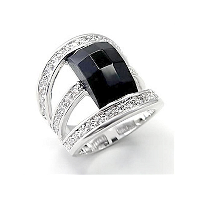 Silver Tone Fashion Ring Black CZ