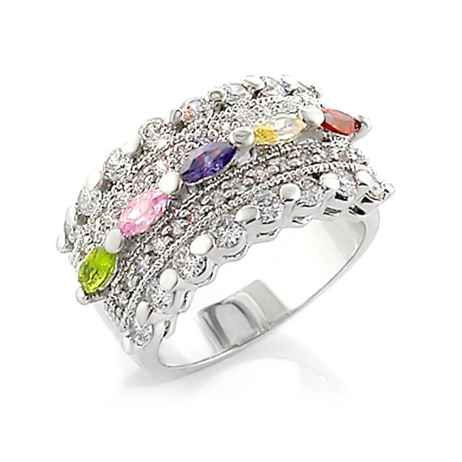 Lovely Silver Tone Fashion Ring Multi Color CZ