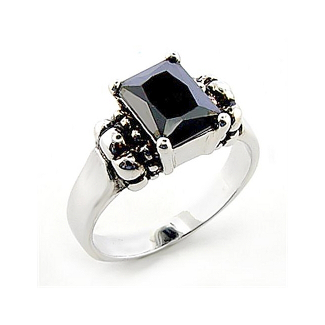 Classic Silver Tone Fashion Ring Black Cubic Zirconia