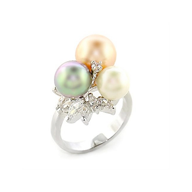 Silver Tone Flower Fashion Ring Multi Color Synthetic Pearl