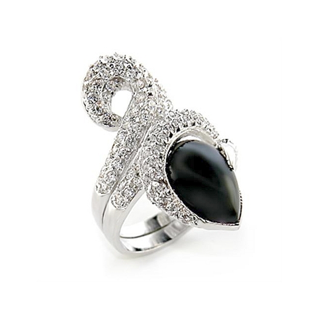 Exquisite Silver Tone Fashion Ring Black Synthetic Onyx