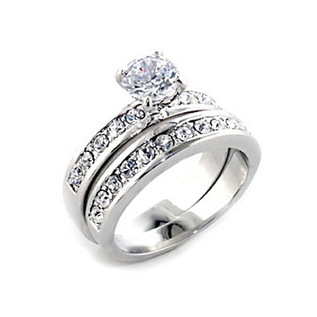 Silver Tone Pave Engagement Wedding Ring Set Clear Cubic Zirconia