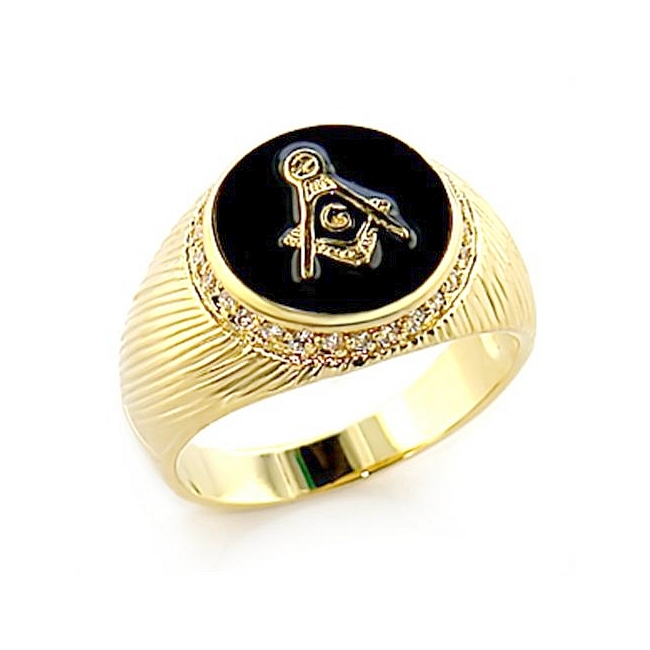 14K Yellow Gold Plated Masonic Mens Ring Clear CZ
