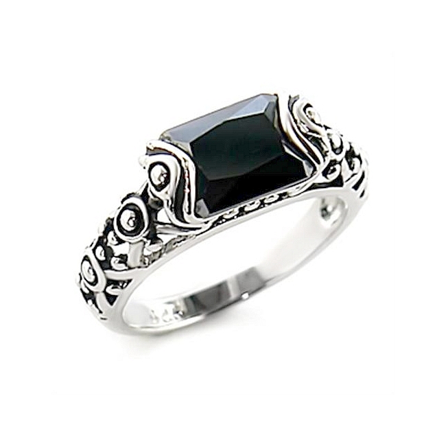Silver Tone Vintage Fashion Ring Black CZ