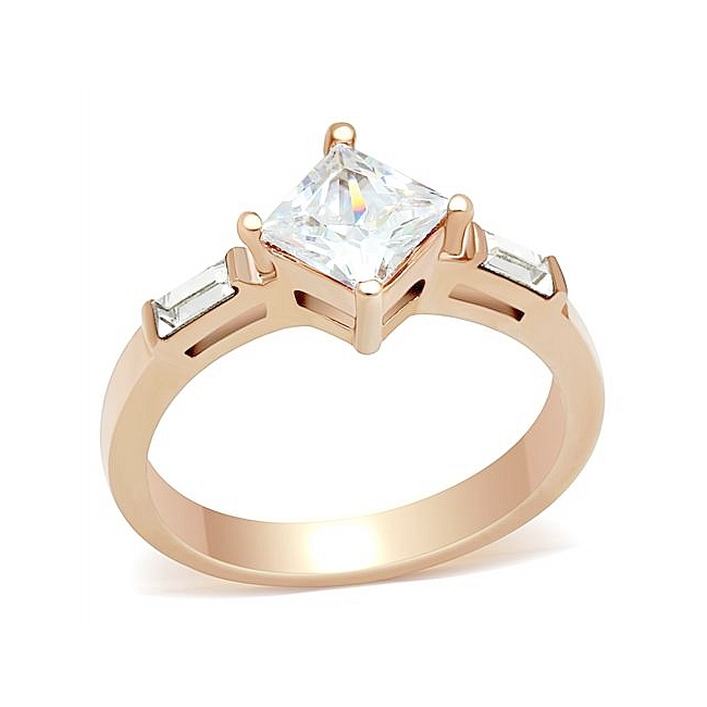 Exquisite 14K Rose Gold Plated Side Stone Engagement Ring Clear Cubic Zirconia