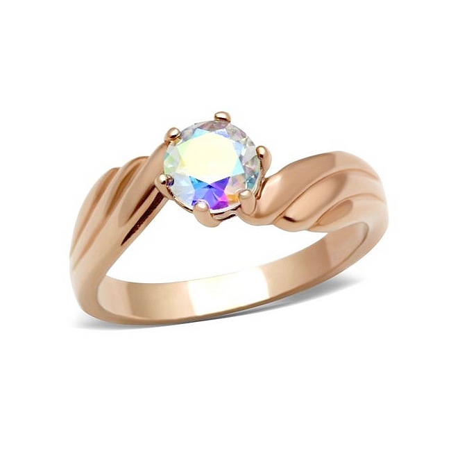 14K Rose Gold Plated Solitaire Engagement Ring Rainbow Synthetic Glass