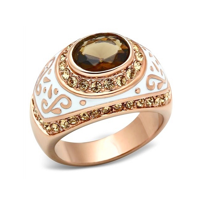 14K Rose Gold Plated Fashion Ring Brown Synthetic Glass