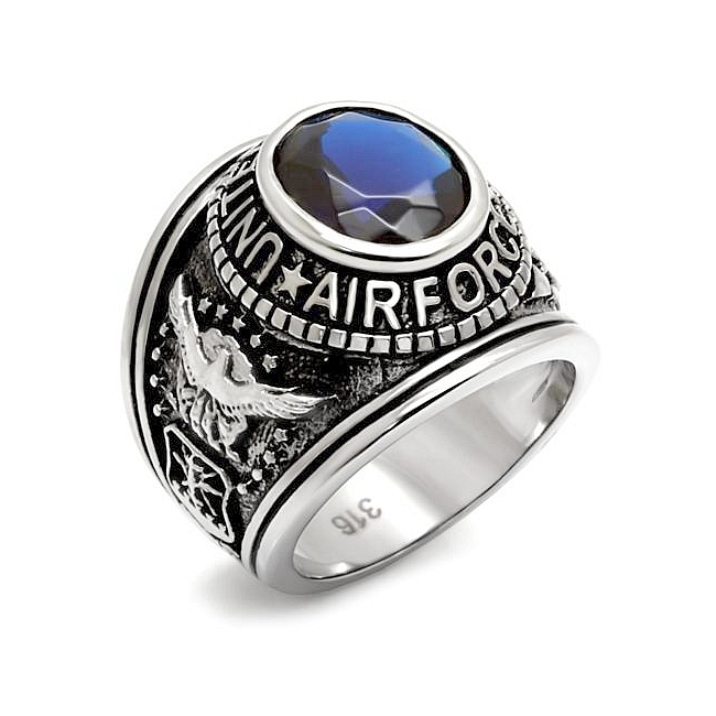 Silver Tone Air Force / Military Mens Ring Montana Synthetic Glass