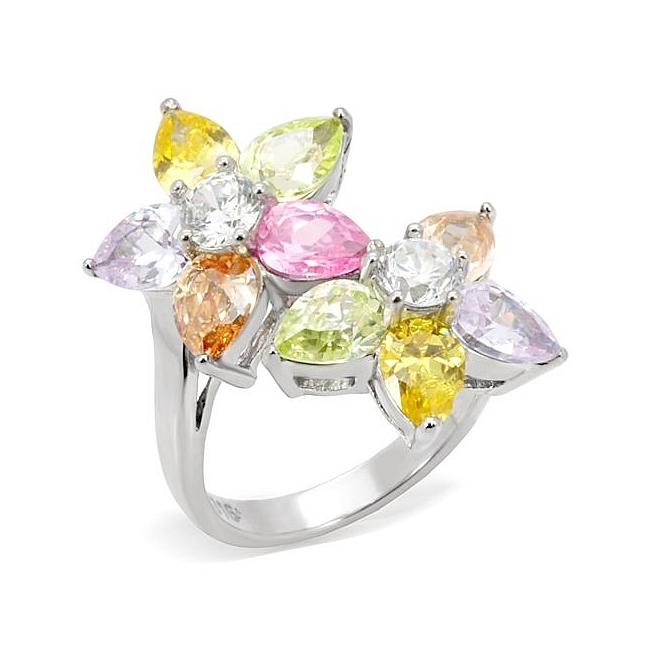 Silver Tone Flower Fashion Ring Multi Color CZ