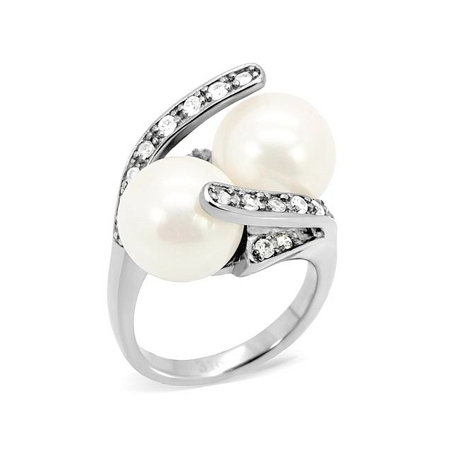 Silver Tone Fashion Ring White Synthetic Pearl