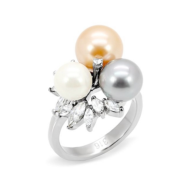 Silver Tone Flower Fashion Ring Multi Color Synthetic Pearl