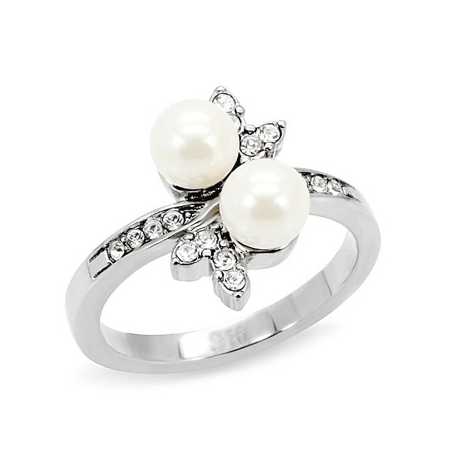 Petite Silver Tone Flower Fashion Ring White Synthetic Pearl