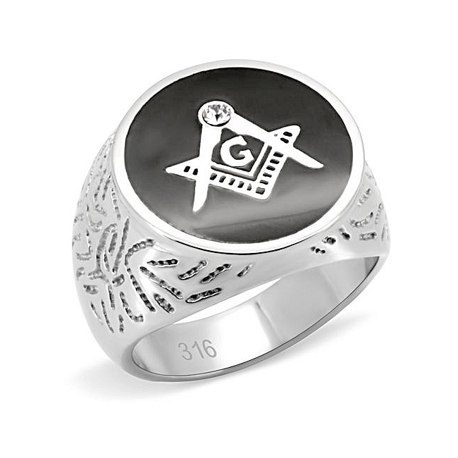 Silver Tone Masonic Fashion Ring Clear Crystal