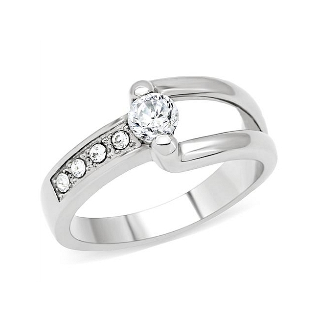 Silver Tone Unique Engagement Ring Clear CZ