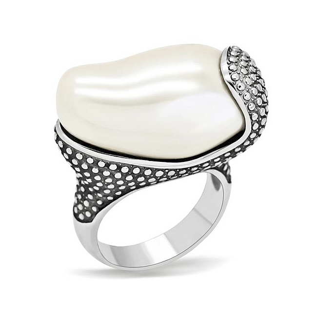 Silver Tone Modern Fashion Ring White Synthetic Mother Pearl