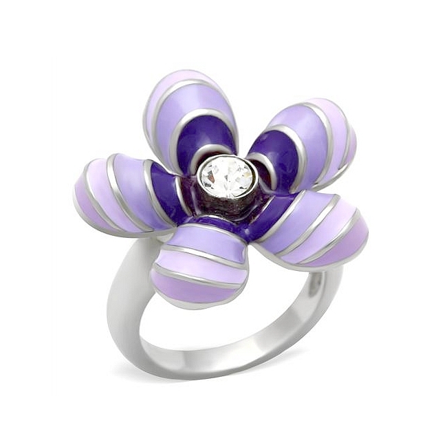 Petite Silver Tone Flower Fashion Ring Clear Crystal