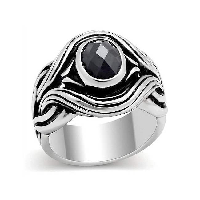 Silver Tone Vintage Fashion Ring Black CZ