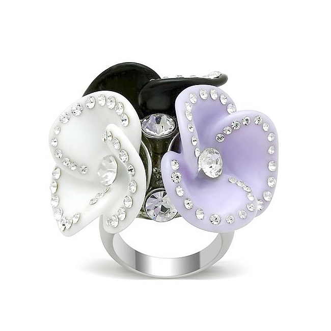 Silver Tone Flower Fashion Ring Multi Color Synthetic Resin