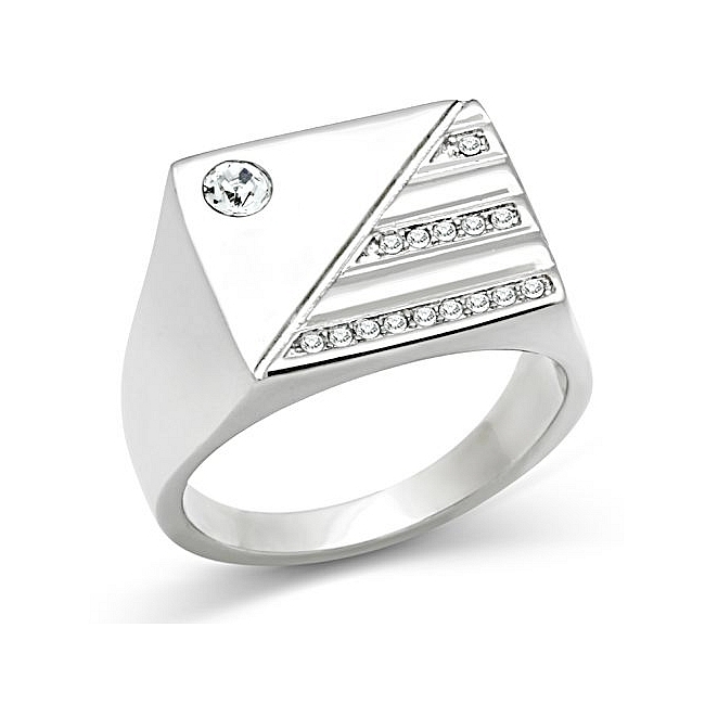 Stylish Silver Tone Square Mens Ring Clear Crystal