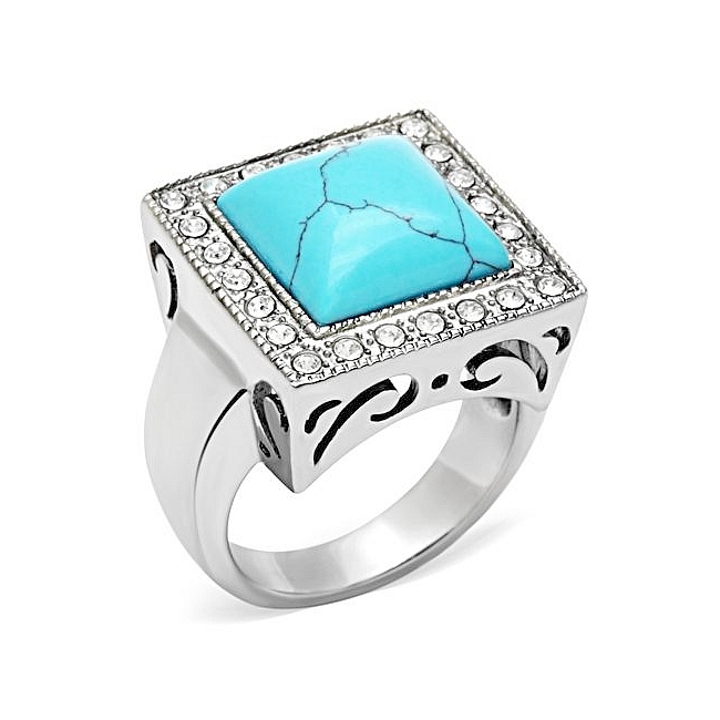 Stunning Silver Tone Square Mens Ring Aqua Synthetic Turquoise