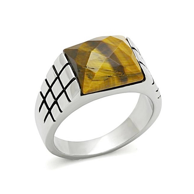 Silver Tone Mens Ring Smoked Topaz Synthetic Tiger Eye