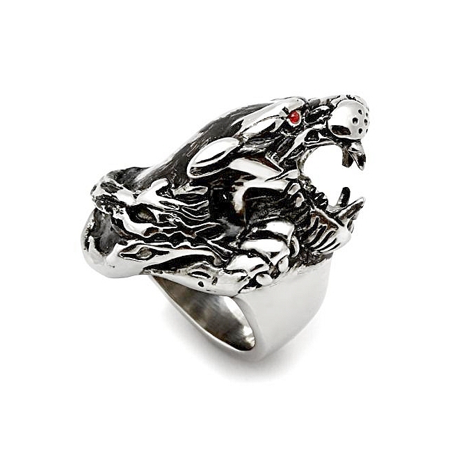 Silver Tone Panther Animal Mens Ring Ruby Crystal