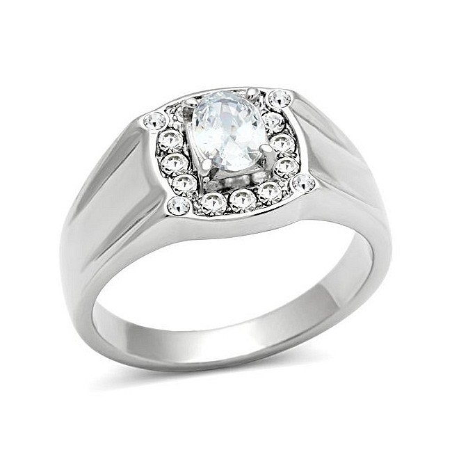 Classic Silver Tone Mens Ring Clear Cubic Zirconia