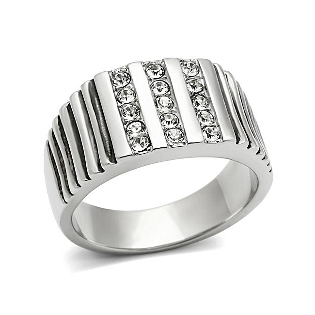 Silver Tone Mens Ring Clear Top Grade Crystal