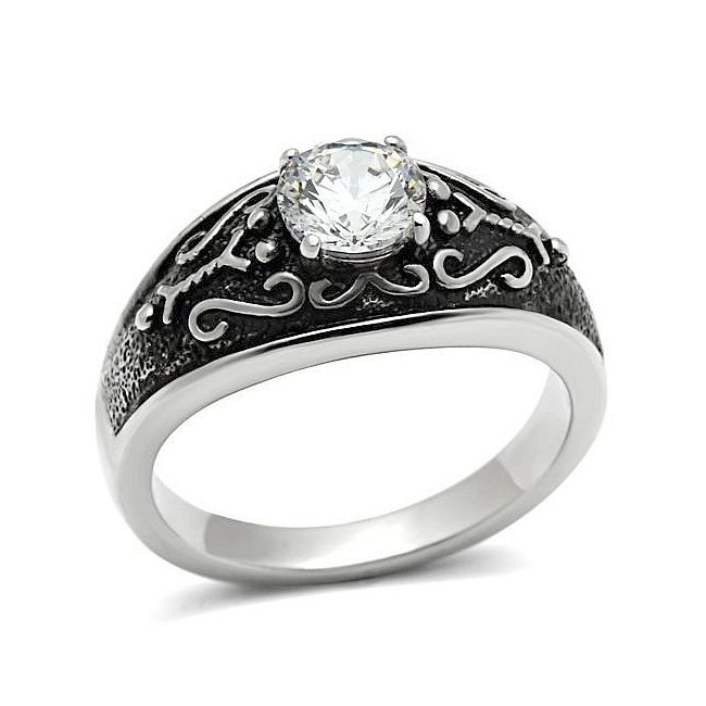 Silver Tone Vintage Mens Ring Clear CZ