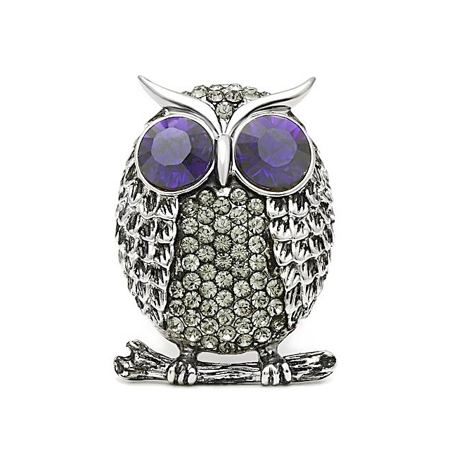 Silver Tone Owl Animal Fashion Ring Amethyst Top Grade Crystal