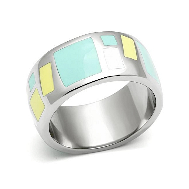 Exclusive Silver Tone Band Fashion Ring Multi Color Epoxy