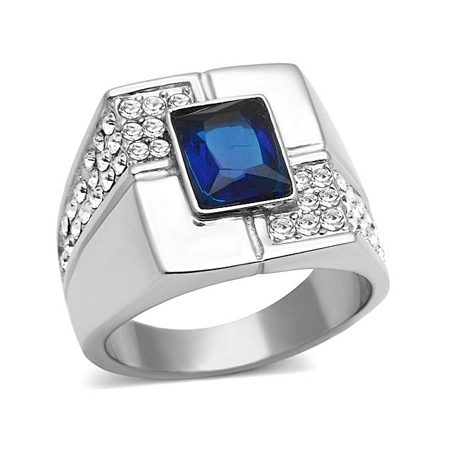Petite Silver Tone Square Mens Ring Montana Synthetic Glass