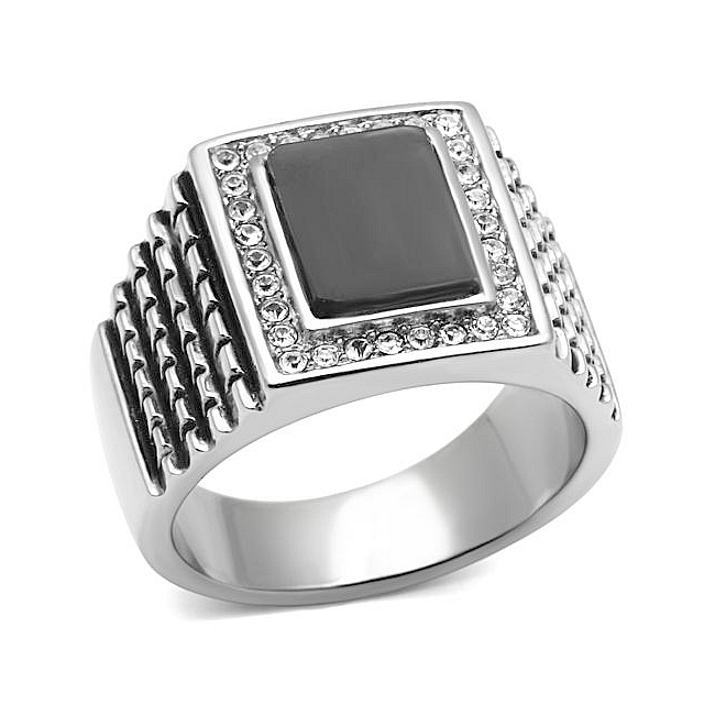 Classic Silver Tone Square Mens Ring Black Synthetic Resin