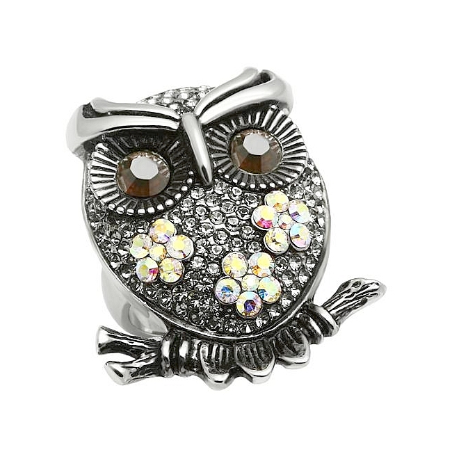 Silver Tone Owl Animal Fashion Ring Smoked Topaz Crystal