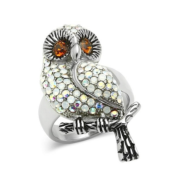 Silver Tone Owl Animal Fashion Ring Smoked Quartz Crystal
