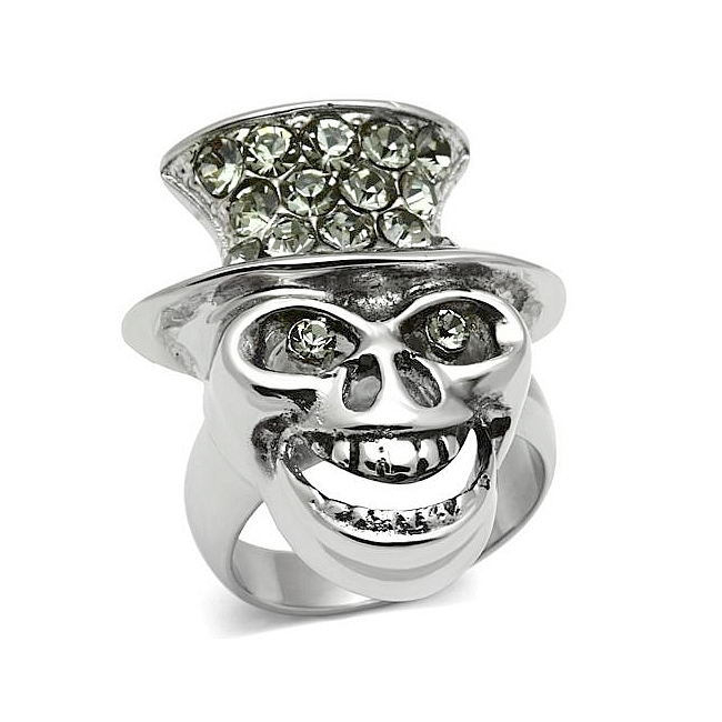 Silver Tone Skull Fashion Ring Black Crystal