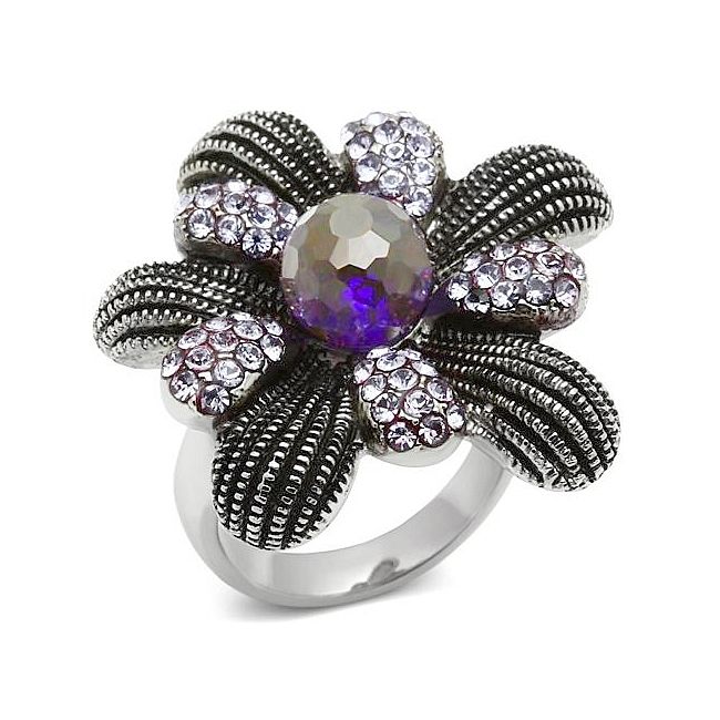 Silver Tone Flower Fashion Ring Amethyst Synthetic Glass