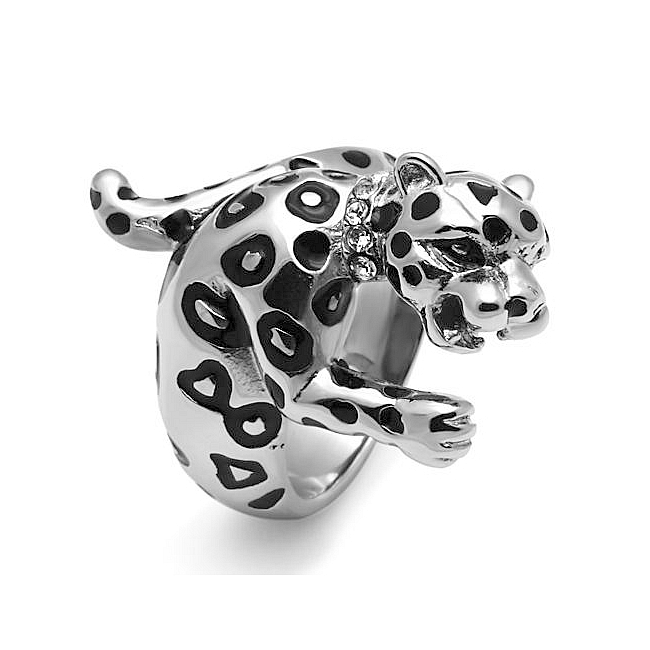 Stylish Silver Tone Leopard Animal Fashion Ring Clear Crystal