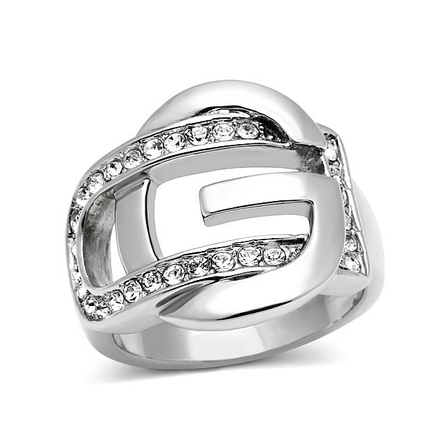 Silver Tone Belt Buckle Fashion Ring Clear Crystal