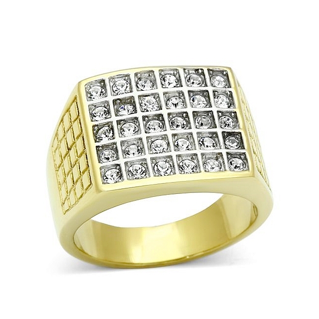14K Two Tone Plated Square Mens Ring Clear Crystal
