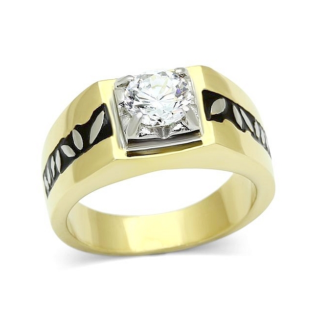 14K Two Tone Plated Mens Ring Clear CZ