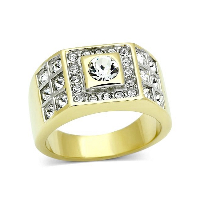 14K Two Tone Plated Masonic Mens Ring Clear Crystal