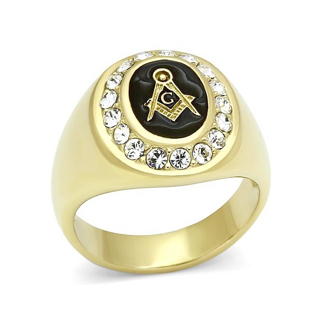 14K Gold Plated Masonic Mens Ring Clear Crystal