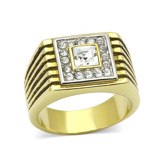 14K Two Tone Plated Square Mens Ring Clear Crystal