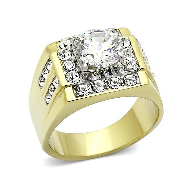 14K Two Tone Plated Square Mens Ring Clear Cubic Zirconia