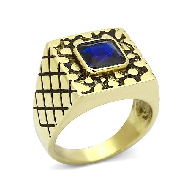 14K Gold Plated Square Mens Ring Montana Synthetic Glass