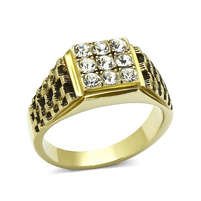 14K Gold Plated Square Mens Ring Clear Crystal