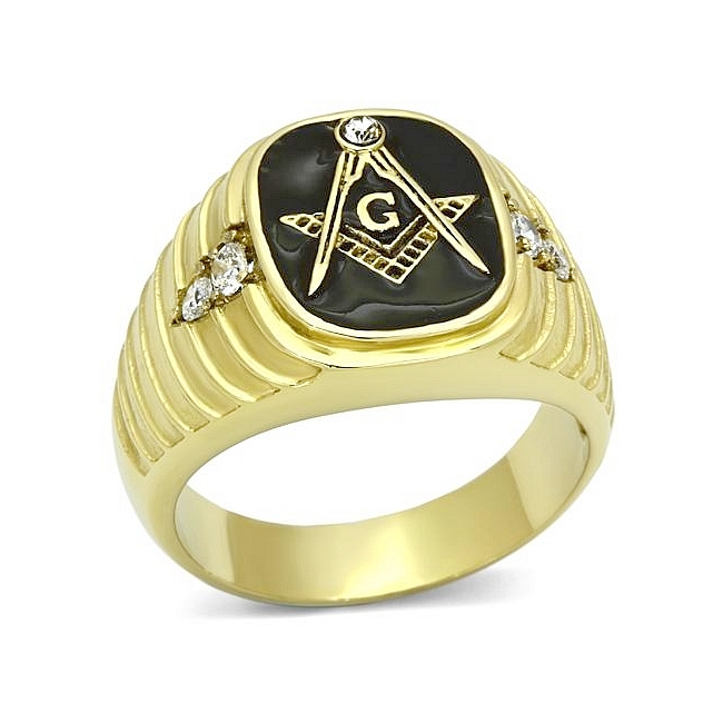 14K Gold Plated Masonic Mens Ring Clear Crystal