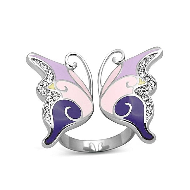 Silver Tone Butterfly Fashion Ring Clear Crystal