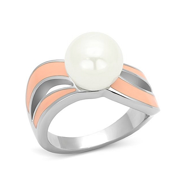 Silver Tone Modern Fashion Ring White Synthetic Pearl